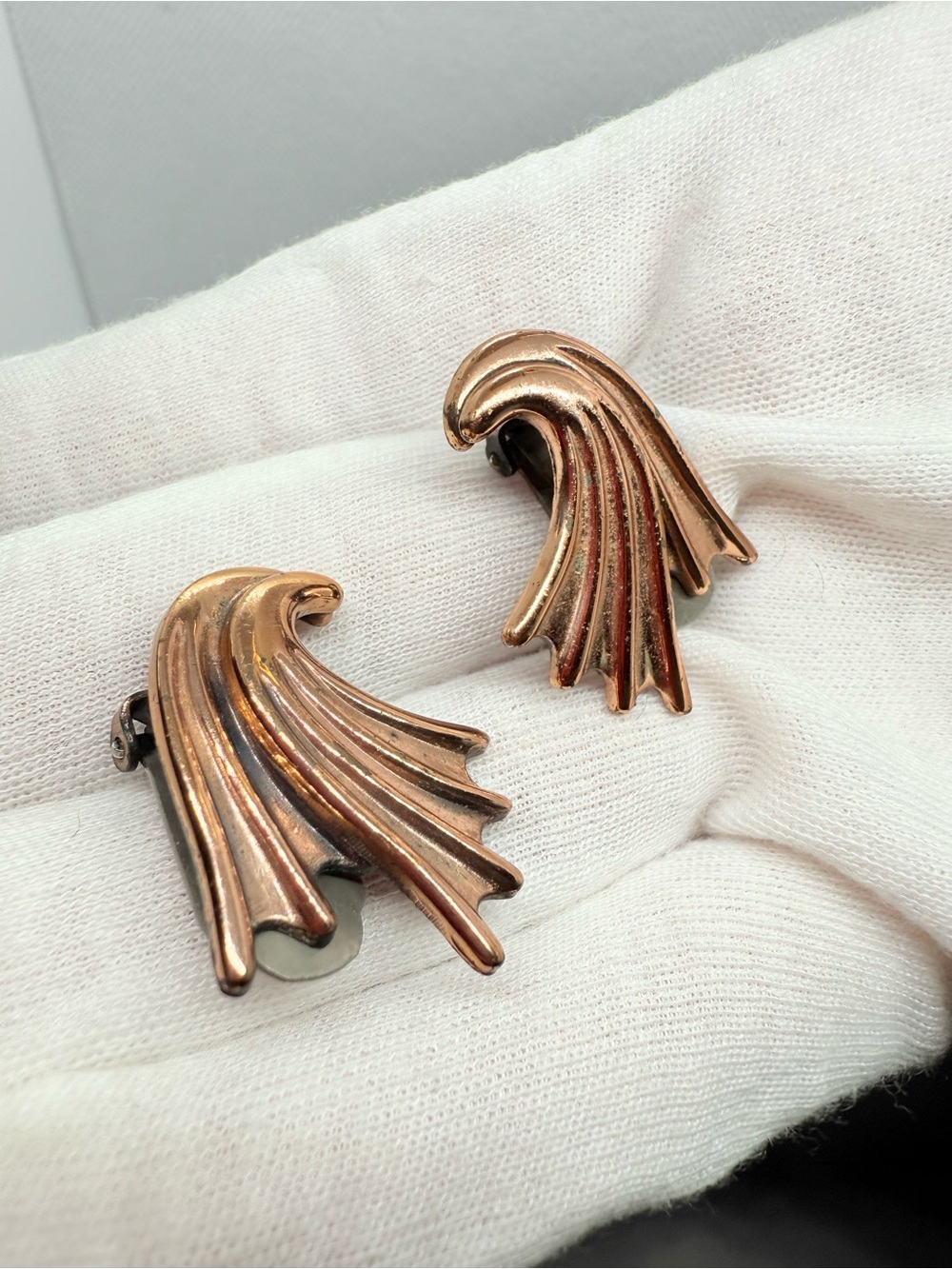 Vintage Renoir Copper Winged Fan Clip On Earrings Art Deco Style